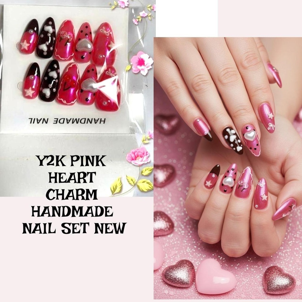 Y2K COQUETTE HEART CHARM PINK HANDMADE FAKE NAIL SET SMALL NEW